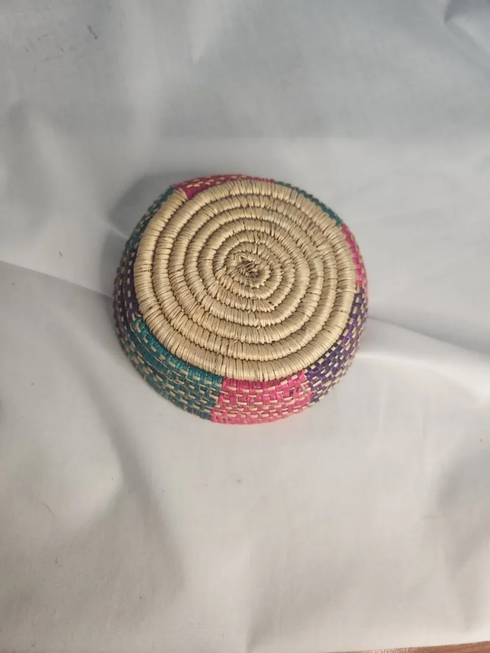 Handcrafted Round Basket Bolga Style Pink Purple Teal Keys Jewelry Trinkets